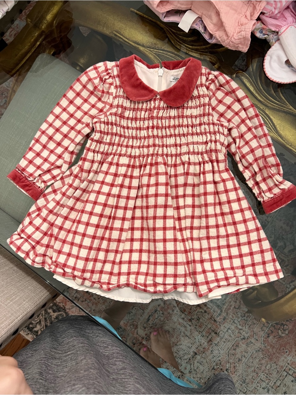 Amazon Essentials Cream and Red Plaid Long-Sleeve Smocked Dress